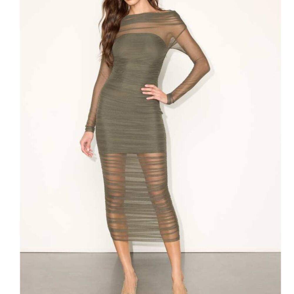 NEW Lulus Sunama Olive Green Mesh Ruched Long Sleeve Bodycon Midi Dress Small